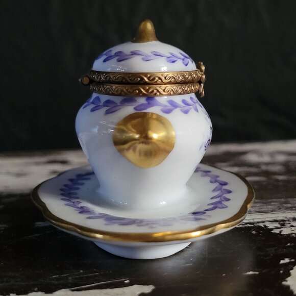 Vtg Limoges France Peint Main Porcelain Tureen Shape Limoges Box Purple Floral - Picture 5 of 9